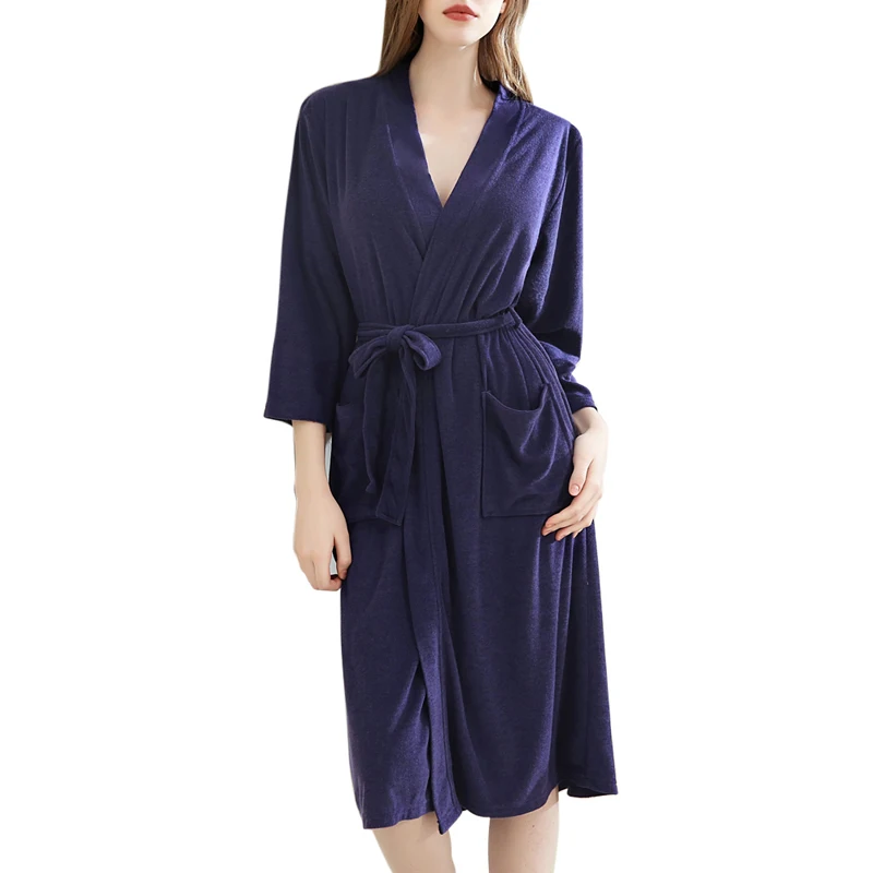 navy blue MoneRffi Женский Осенний длинный халат женский халат до колена банный халат мягкая одежда для невесты женская одежда платье ночное белье - Цвет: navy blue
