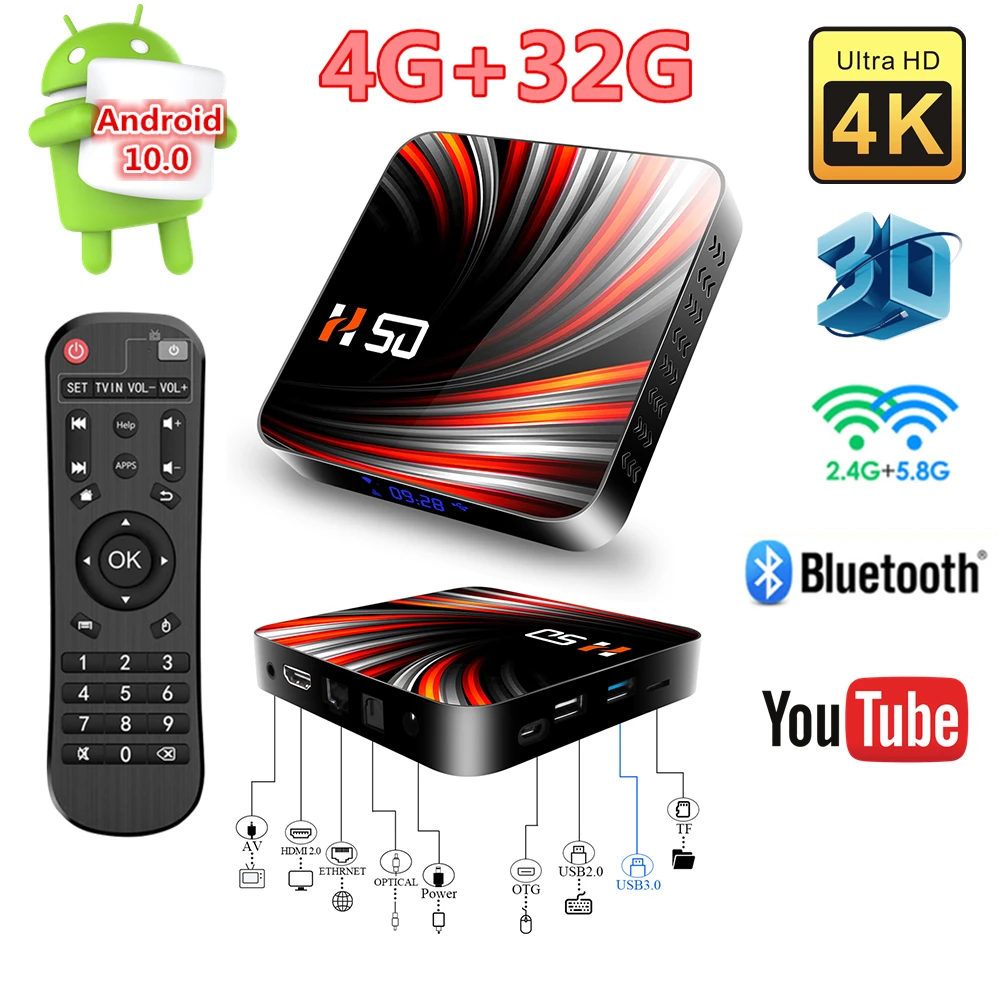 

Android TV Box Android 10 4GB 32GB 4K H.265 Media Player 3D Video 2.4G 5GHz Wifi Bluetooth Smart TV Box Set top box