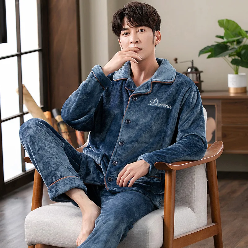 2021 Winter New Regular Men's Pajamas Set Thickened Warm Flannel Home Service 2-piece Set