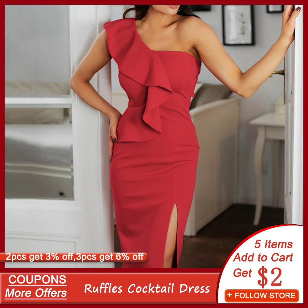 Коктейльные Вечерние платья с оборками на одно плечо сексуальный раздельный