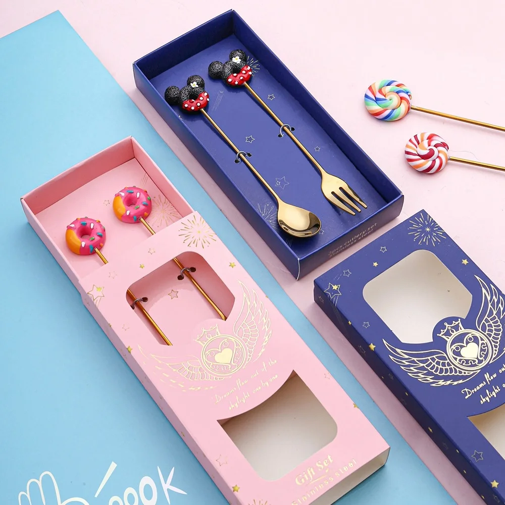 

Coffee Scoops Doughnut Cartoon Stirring Gold Spoon Fork For Coffee Ice Cream Dessert Cake Fruit Stainless Steel With Gift Box