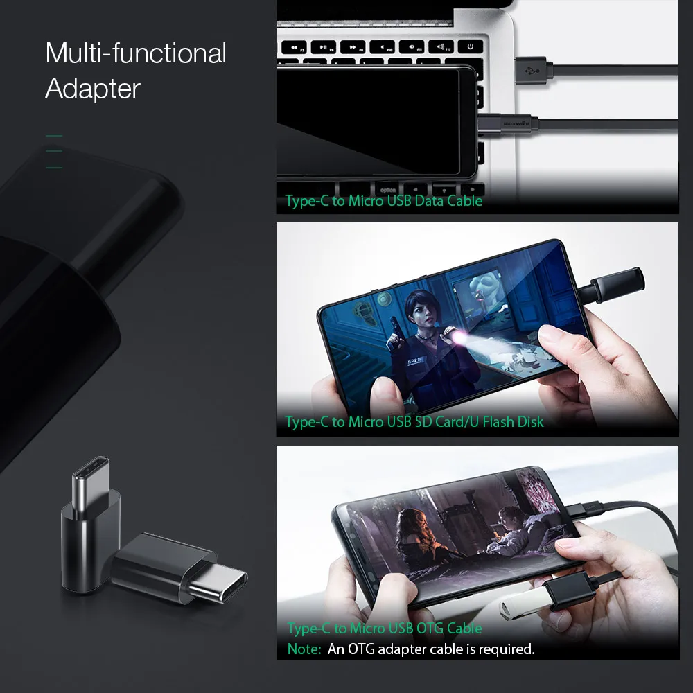 Кабель Micro USB Blitzwolf для быстрой зарядки и передачи данных 2 в 1 с адаптером Type-C Xiaomi