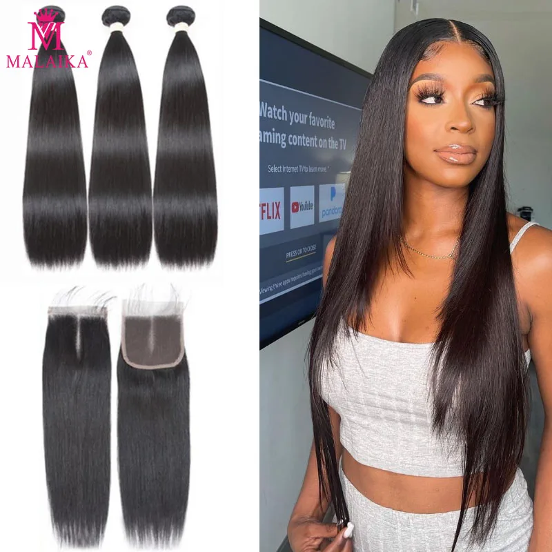 Malaika 3 Bundles With Closure Straight Human Hair Peruvian Frontal Virgin Remy |
