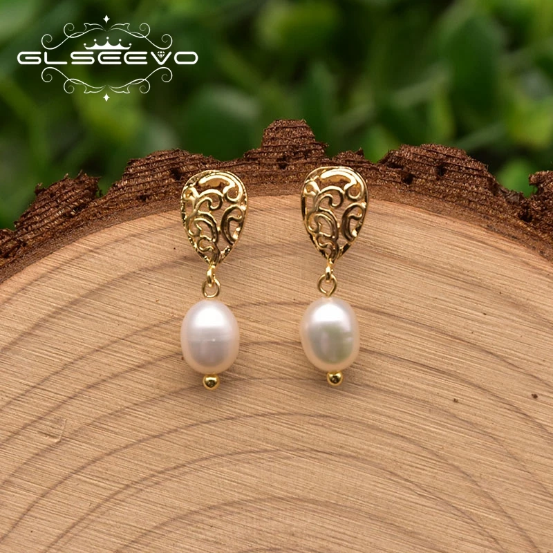 

GLSEEVO Pure Natural Freshwater Baroque Pearl Earrings Woman Hollow Drop Earrings Party Noble Luxury Jewelry GE1046F