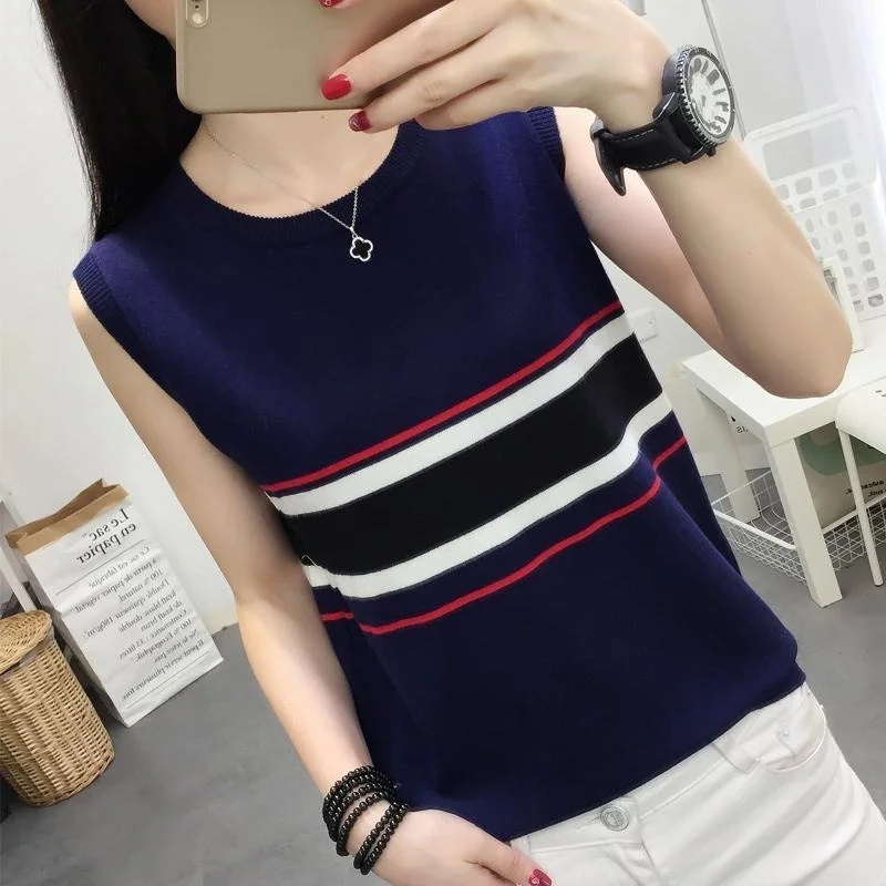 

Fashion Knitted Sleeveless Tank Tops Women O-neck Stretch Knit Vest Stripe Casual Spring Summer Female Waistcoat Tops X177