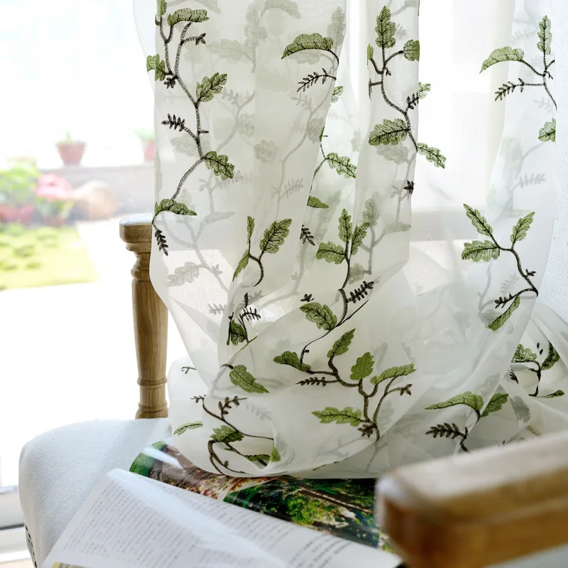Американская пасторальная вуаль занавески с свежими вышитыми листьями