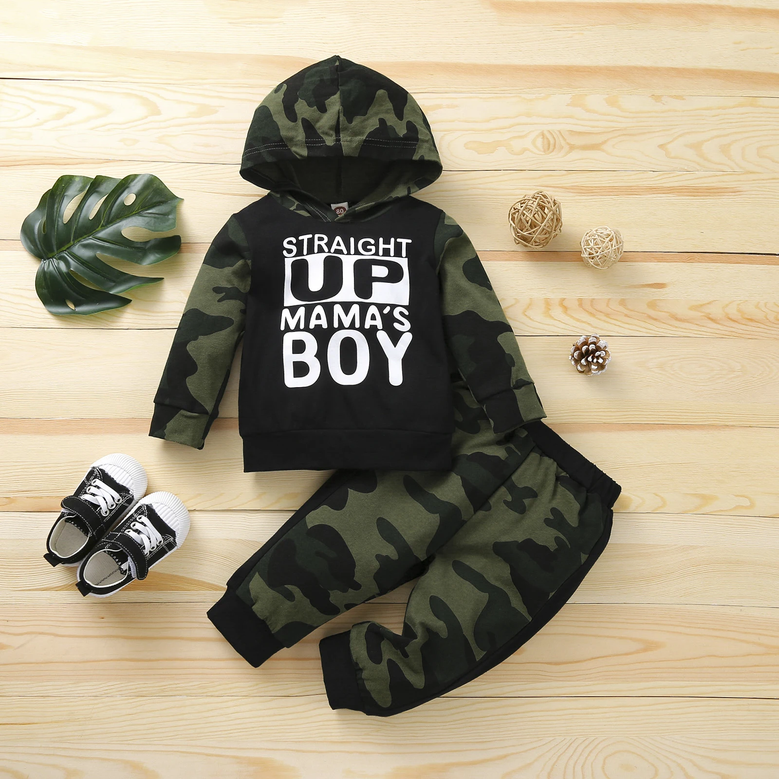 

3-24 Month Old Baby Boy's Sweater Set + Trousers Splicing Camouflage Letter Printing Winter Hooded Sweater Baby Boy 1Set