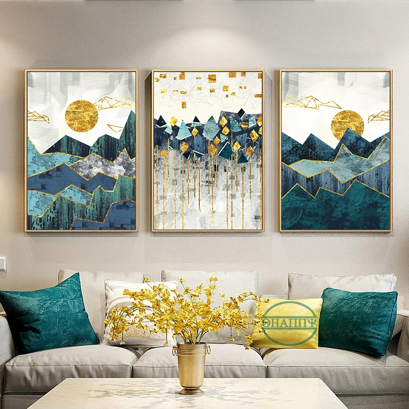 

Abstract Geometric Mountain Landscape Wall Pictures Golden Sun Nordic Art Poster Wall Canvas Painting For Livingroom Unframed