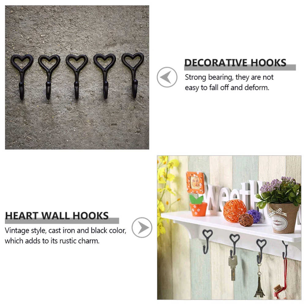 

5Pcs Heart Hooks Coats Hanging Hooks Rustic Key Hanger Simple Black Hooks
