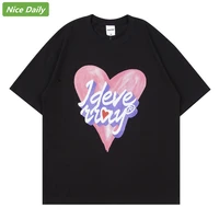 nicedaily mens t shirt graffiti love print hip hop short sleeve korean loose couple round neck loose cotton three color top