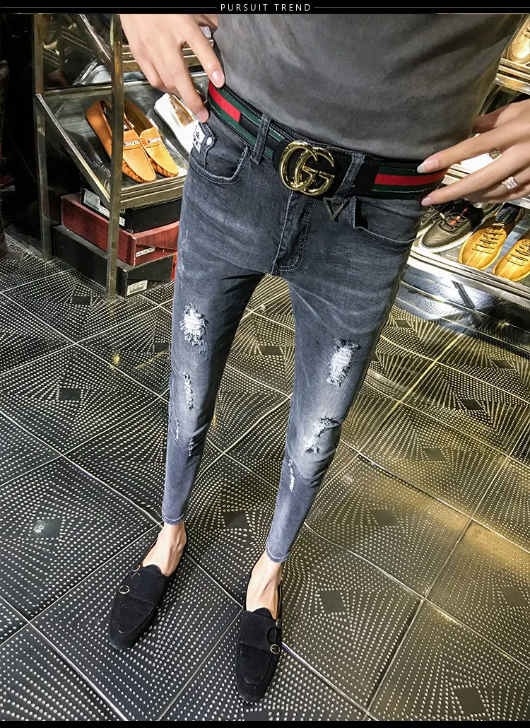 NEW spring autumn skinny strech Casual ripped hole fashion black teenagers hip hop cowboy denim leg jeans men pencil pants