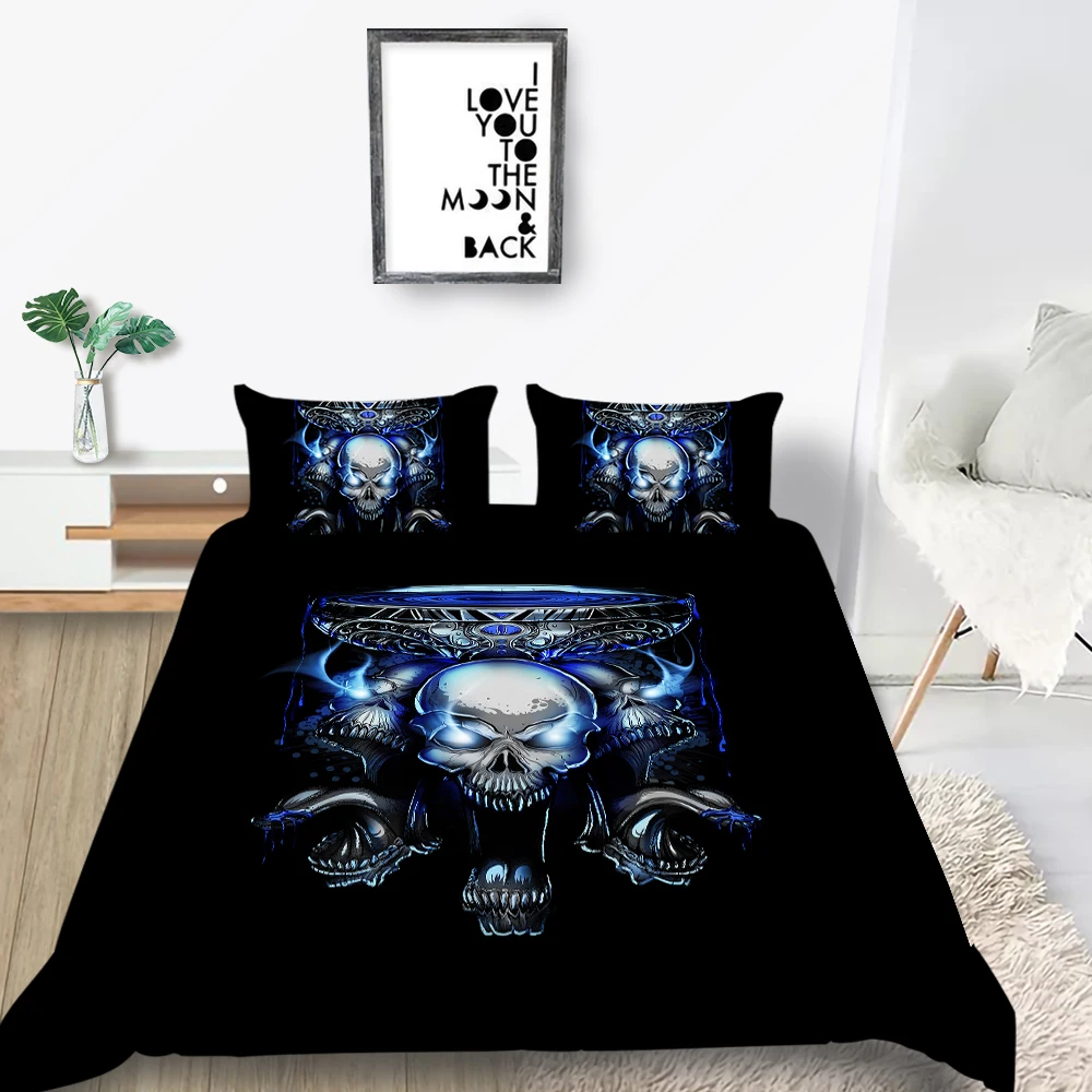 Комплект постельного белья с изображением черепа и голубого пламени Модный