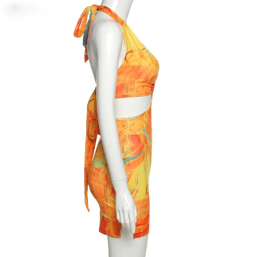 

club Wild Contrast Hollow out woman dresses summer sexy bodycon Patchwork street wear casual low-cut halter Beach dress