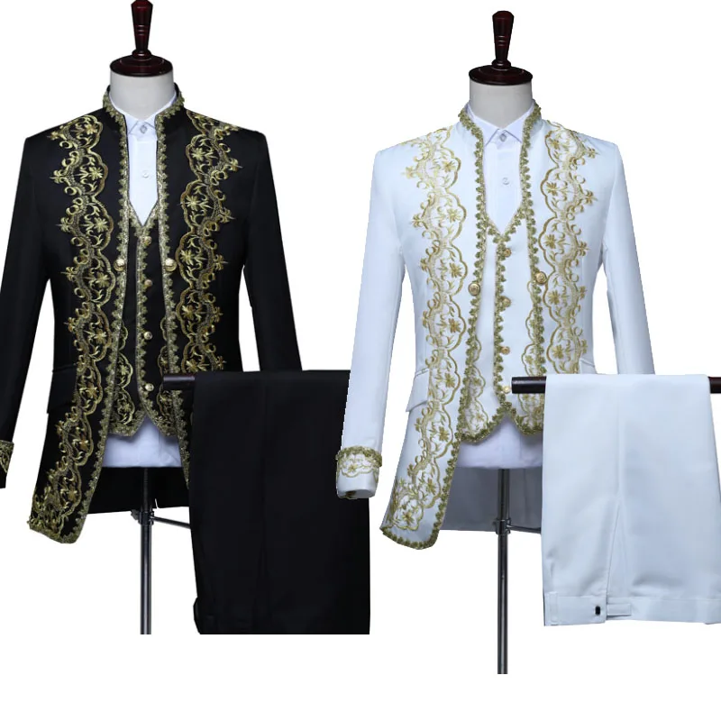 4XL Adult Men 3PCS Set Victorian Steampunk Royal Prince Costume Vintage Baroque Jacket Vest Coat Pants Wedding Groom Blazer Suit