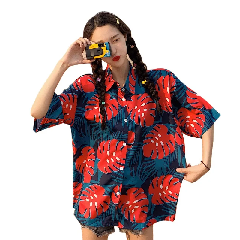 Women Button Loose Blouses Floral Summer Casual Cartoon Print Shirts Turn-down Collar Tops