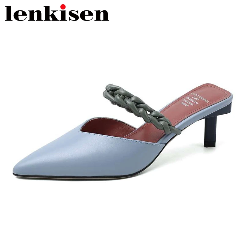 

Lenkisen 2020 summer fashion full grain leather pointed toe high heels women slip on mules mixed color streetwear sandals L17