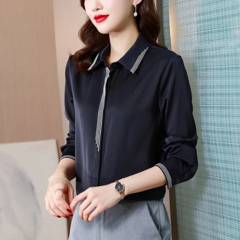 

Женская атласная блузка, Однотонная рубашка, Топ с длинным рукавом, модная одежда на весну и осень, повседневная женская одежда