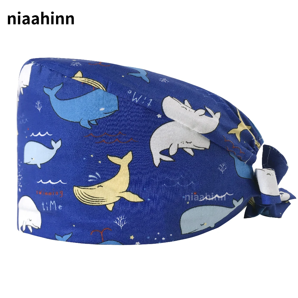 

Унисекс Мультяшные печатные скрабы, шапки из чистого хлопка для ухода за домашними животными, рабочая шляпа, регулируемые медицинские докт...