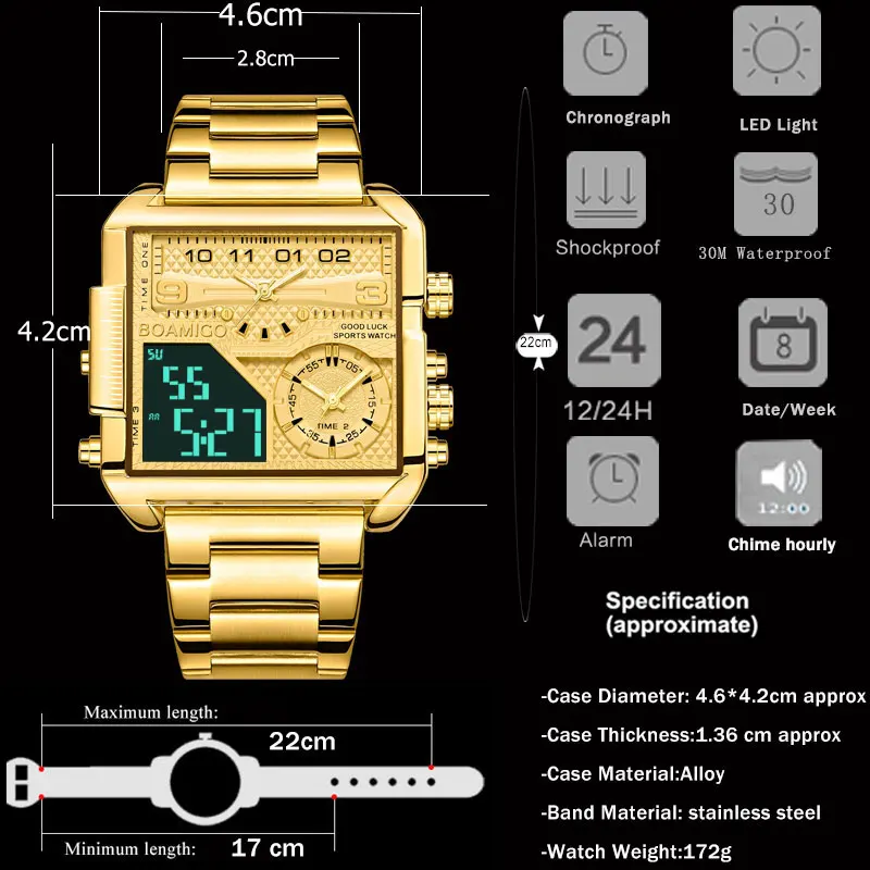 

BOAMIGO 2021 New Top Brand Luxury Fashion Men Watches Gold Stainless Steel Sport Square Digital Analog Big Quartz Watch for Men