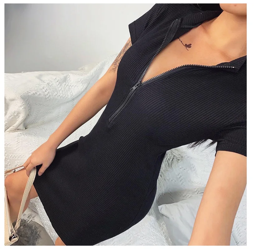

European and American Style Hot Girl Sexy Dress Female Summer Black Waist Zipper Tight Short-sleeved Hip Skirt Slim A180