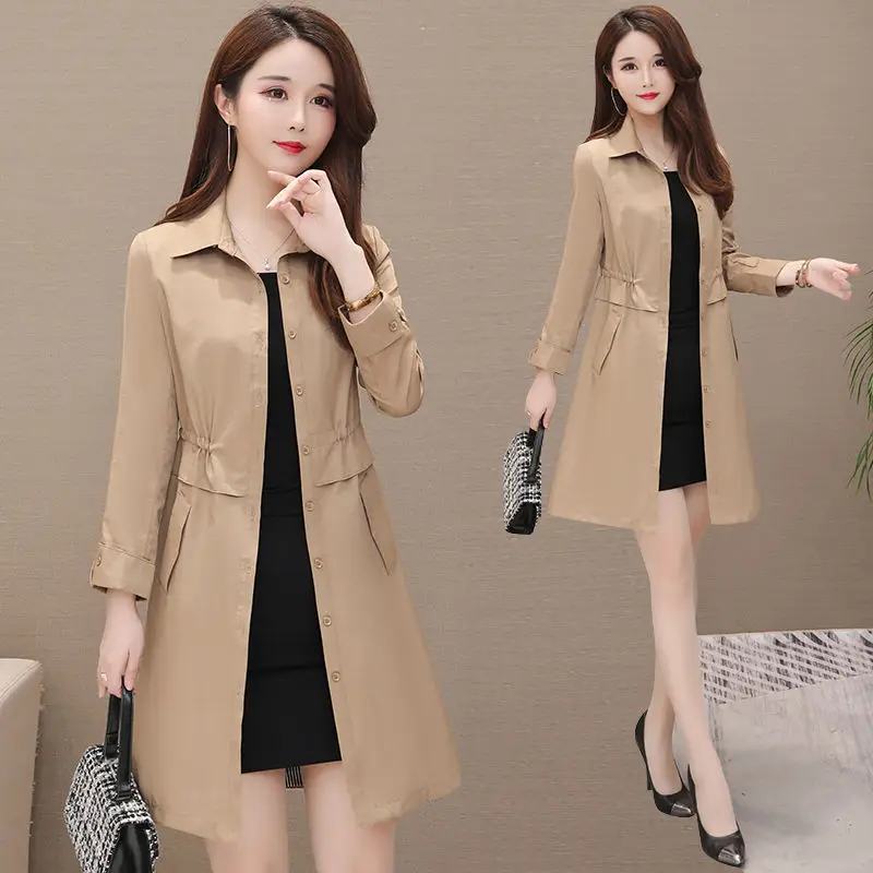 

2020 windbreaker women's middle and long new collar solid color Korean slim fit and waistline oversized slim coat