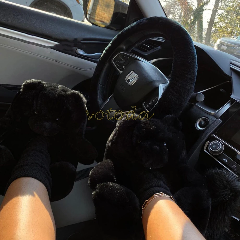 Teddy Bear Slippers Women Cute Cartoon Slides Furry Warm Soft Shoes Home Non-slip Cotton Flip Flops Rainbow Teddies Bear Slipper best house slippers