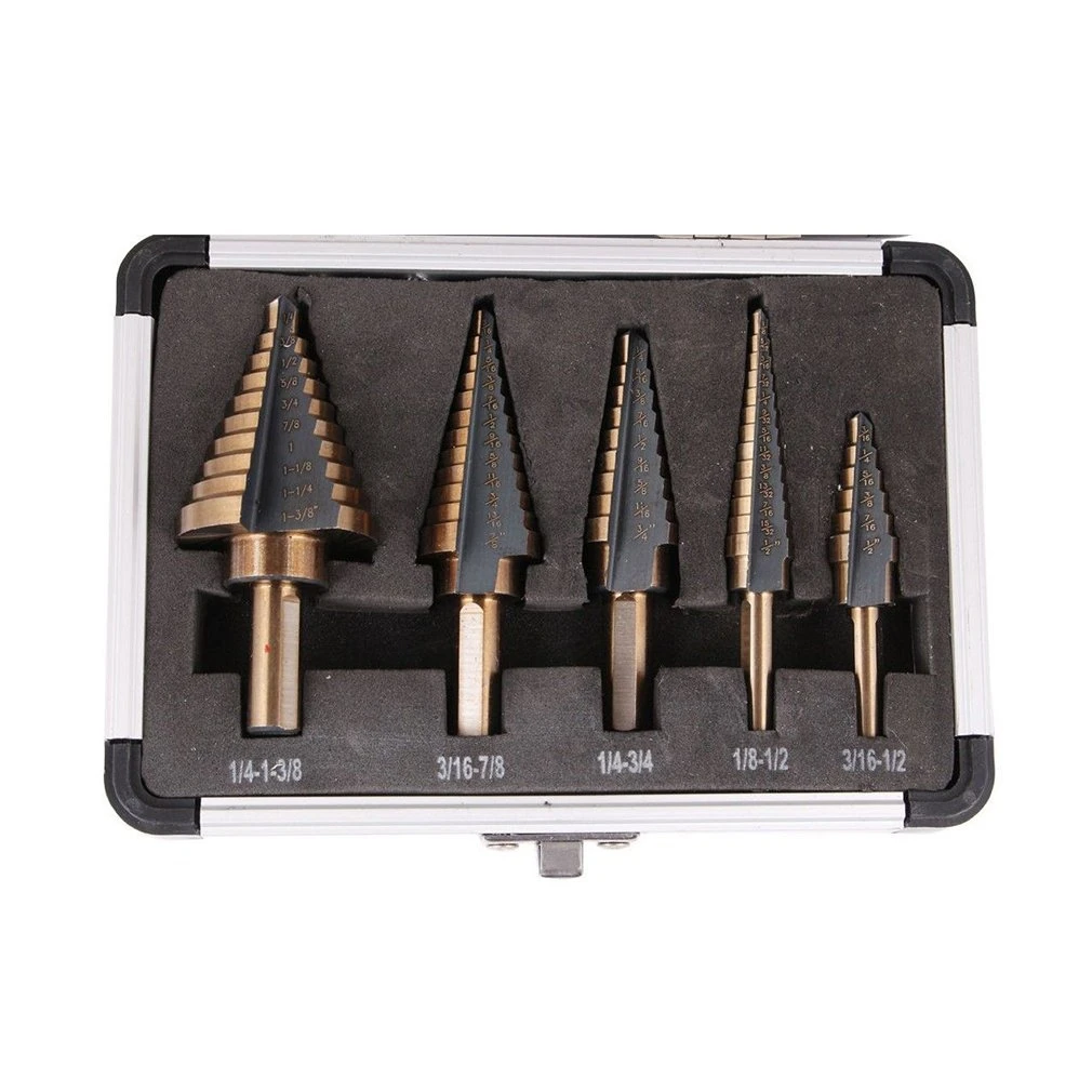 

5pcs/set Long life High Speed Steel with Cobalt Coated HSS Cobalt Multiple Hole 50 Sizes Step Drill Bit Set with Aluminum Case