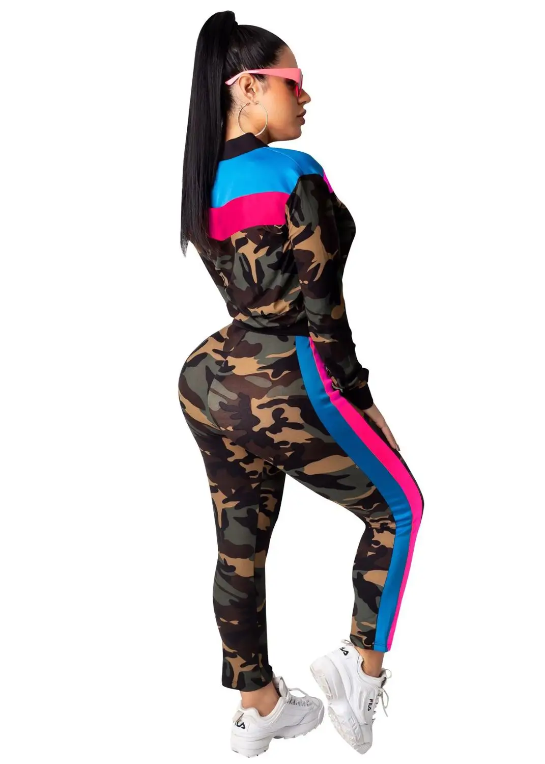 Камуфляжный женский спортивный костюм с цветным блоком повседневный топ-пальто