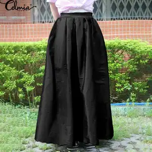 Размера плюс 5XL Celmia для женщин сексуальная сатиновая Ночная сорочка макси юбки 2021 Осенняя мода, с высокой талией, повседневные свободные плиссированные элегантная длинная юбка Buttoms