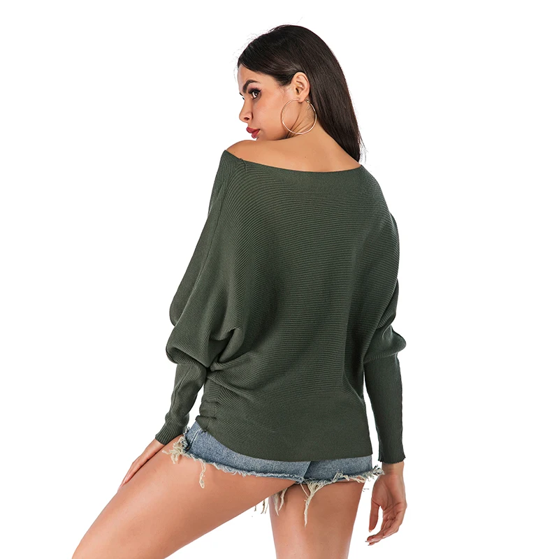

SKTSUUC Autumn Winter Knit Pullover Women Off Shoulder Sweater Knitted Sweater Pullover Plus Size Army Green Sweater Women 2019