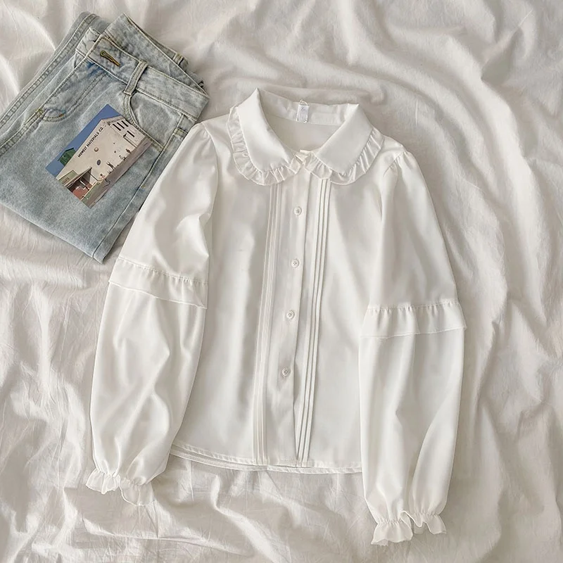 

White Women Shirts Vintage Design Ruffles Patchwork Loose Elegant Office Lady Outwear Blouse Tops