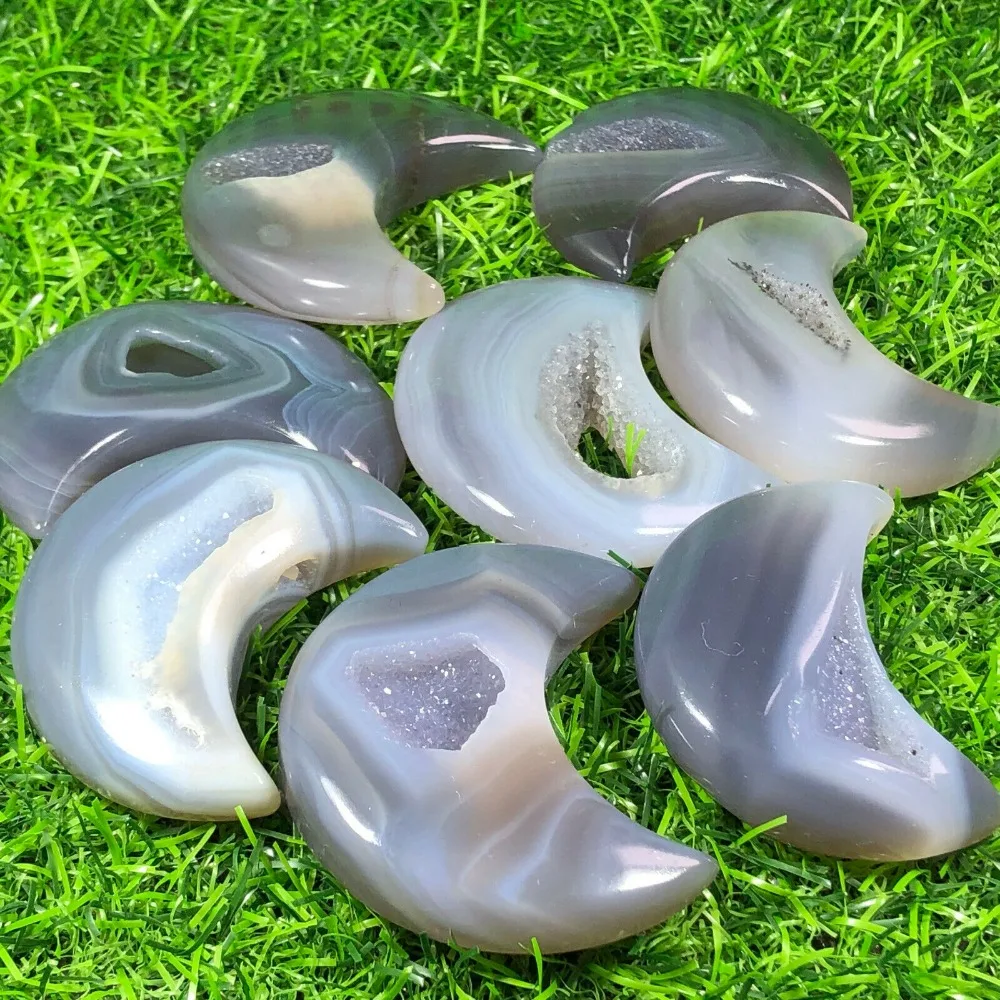 

2 "+ natural agate Geode quartz crystal hand carved moon Reiki repair