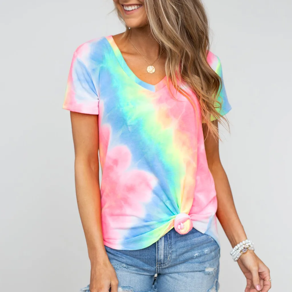 Tie Dye женская футболка лето футболки туники с коротким рукавом сексуальная V