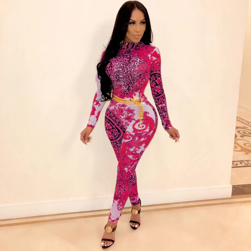Женский комбинезон с леопардовым принтом Облегающий длинным рукавом слитный для
