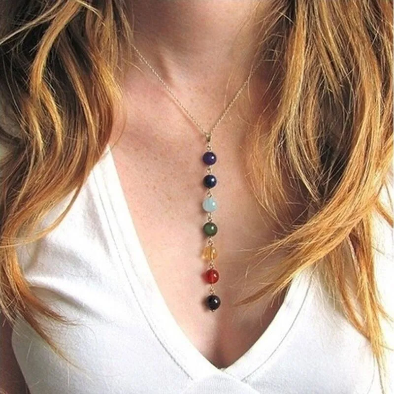 

Natural Stone Colorful Bead Pendant Necklaces for Women Girls 2021 Trendy Seven Chakras Necklace for Yoga Good Lucky Jewerly