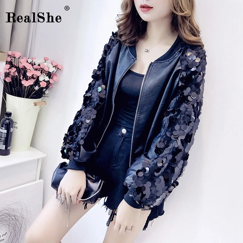 RealShe черная кожаная куртка с круглым вырезом и длинным рукавом фонариком зимняя