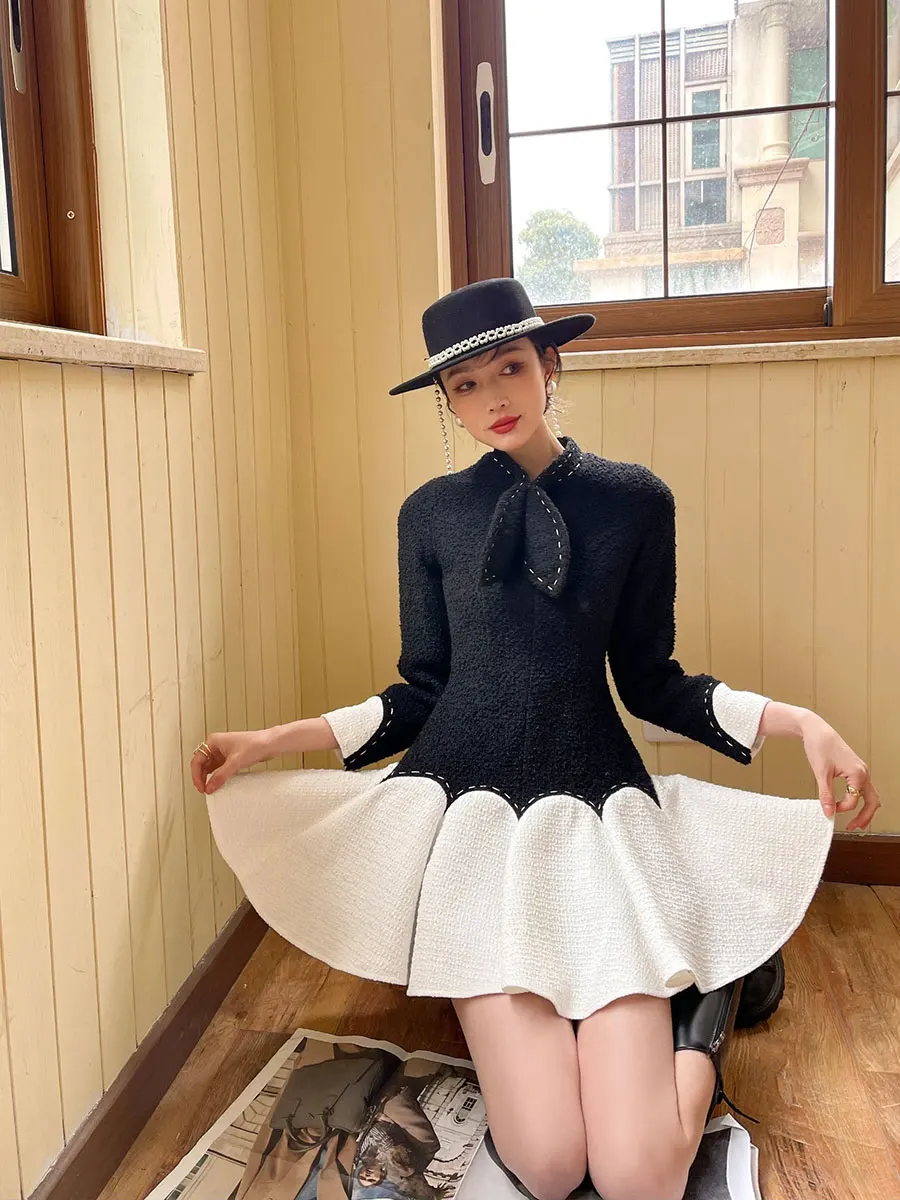 

Bornladies Vintage Winter Patchwork Tweed Dress Ball Gown Bow Long Sleeve Tunic Mini Bodycon Ladies Wool Dress Designer Clothes