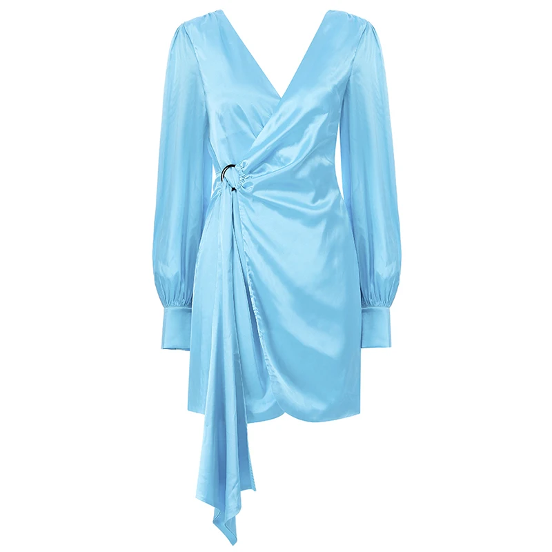

Max Spri Sexy Office Lady Deep V Mini Dress Long Sleeve With Buckle Wrap 2019 New Collection Women Club Satin Draped Vestidos