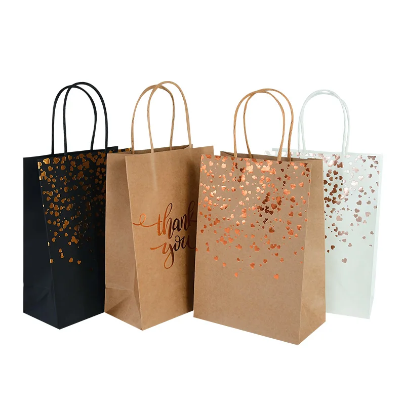 

6pcs Solid Color Bronzing Heart Kraft Paper Bag With Handle Gift Packing Handbags Wedding Birthday Xmas Party Decoration Favors