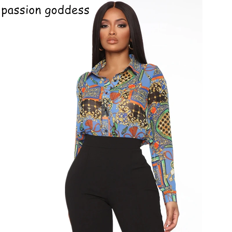 

Spring Autumn Plus Size Women Loose Casual Long Blouse Shirt Turn-down Collar Button Chain Flower Print Long Sleeve Shirts Tops