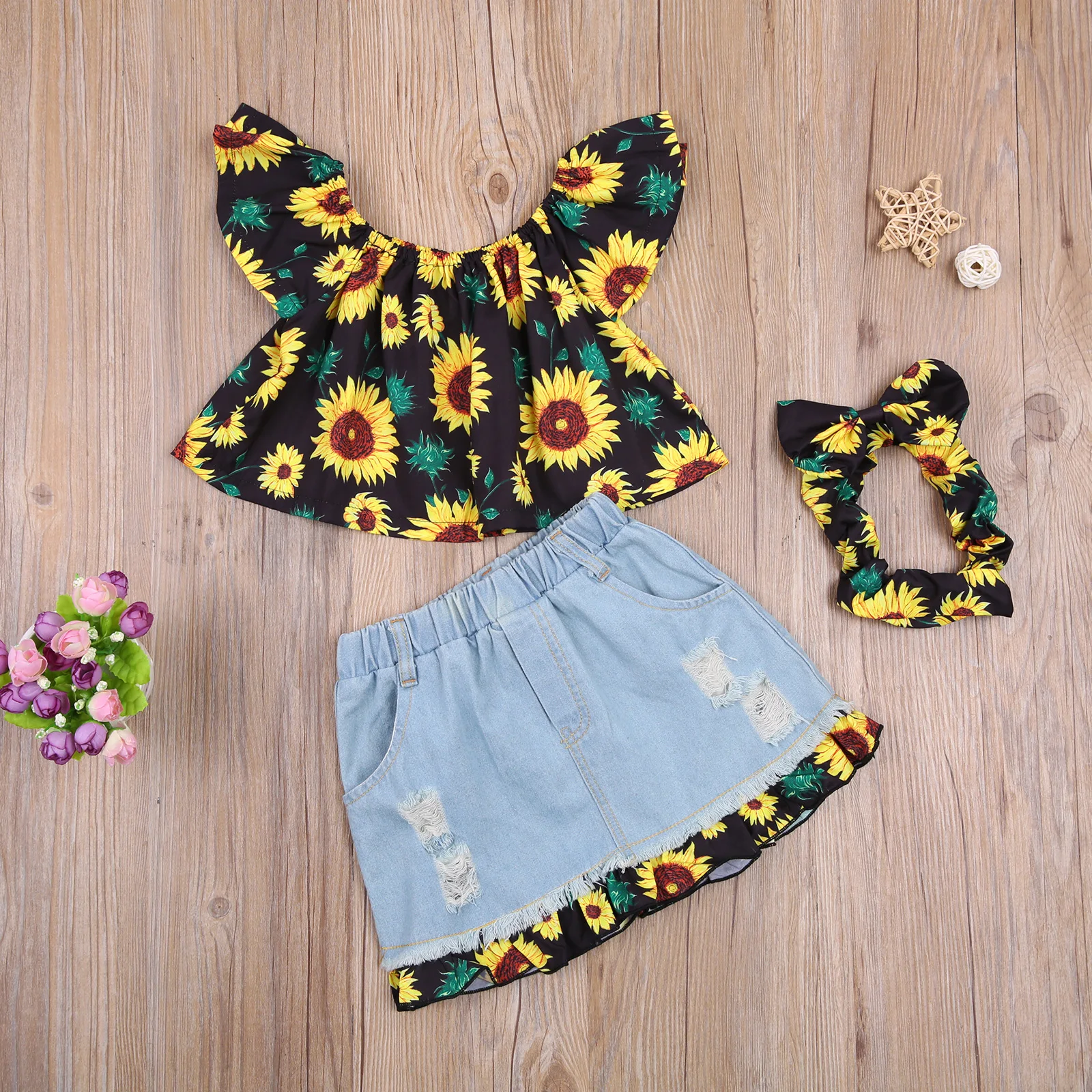 

Summer Newly Baby Girls Clothes Sets 3pcs Sunflowers Print Off Shoulder T Shirts Tops Denim Shorts Headband