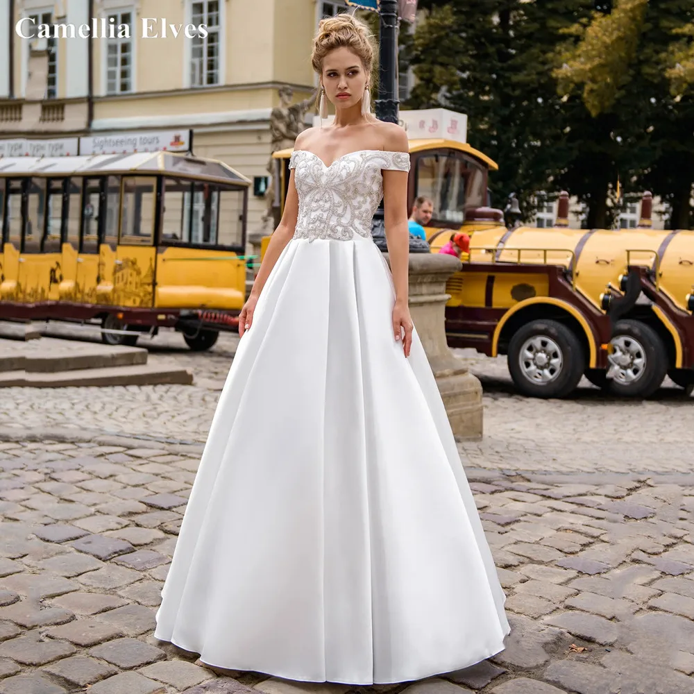 

Женское свадебное платье-корсет It's yiiya, белое ТРАПЕЦИЕВИДНОЕ ПЛАТЬЕ с открытыми плечами и вырезом сердечком на лето 2019