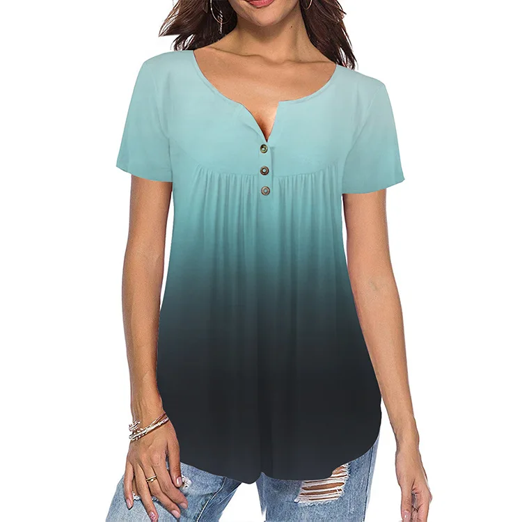 

Summer New Thin Section V-neck Short Sleeve Gradient Color T Shirts Women Casual Plus Size Tops Blusas Mujer De Moda 2020 Verano