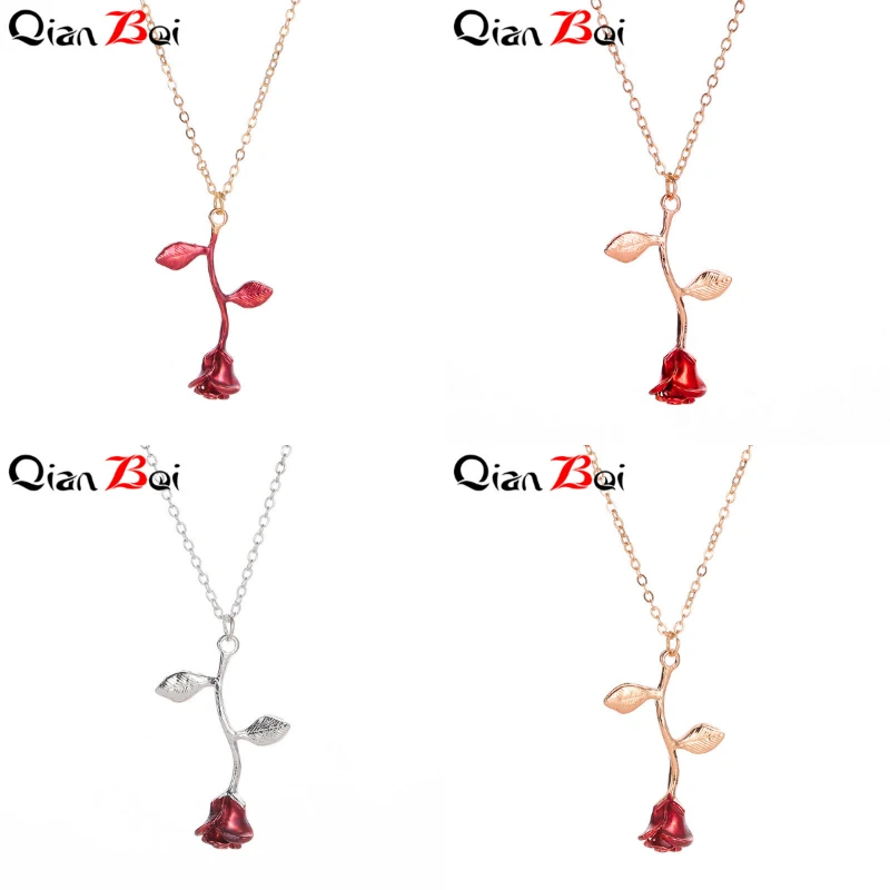 QianBei Красная роза цветок заявление ожерелье женщин колье розовое золото цвет с