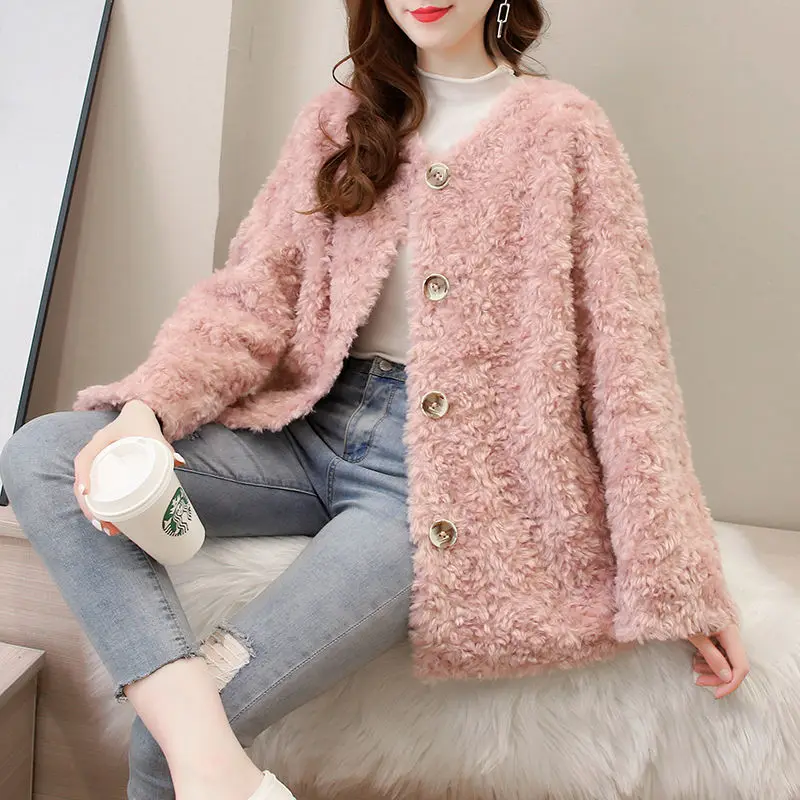 Winter Fur Coat Female 2023 Long Sheep Shearling Jackets Women Wool Casual Coats O-neck Single Breasted Jaqueta Feminina X844