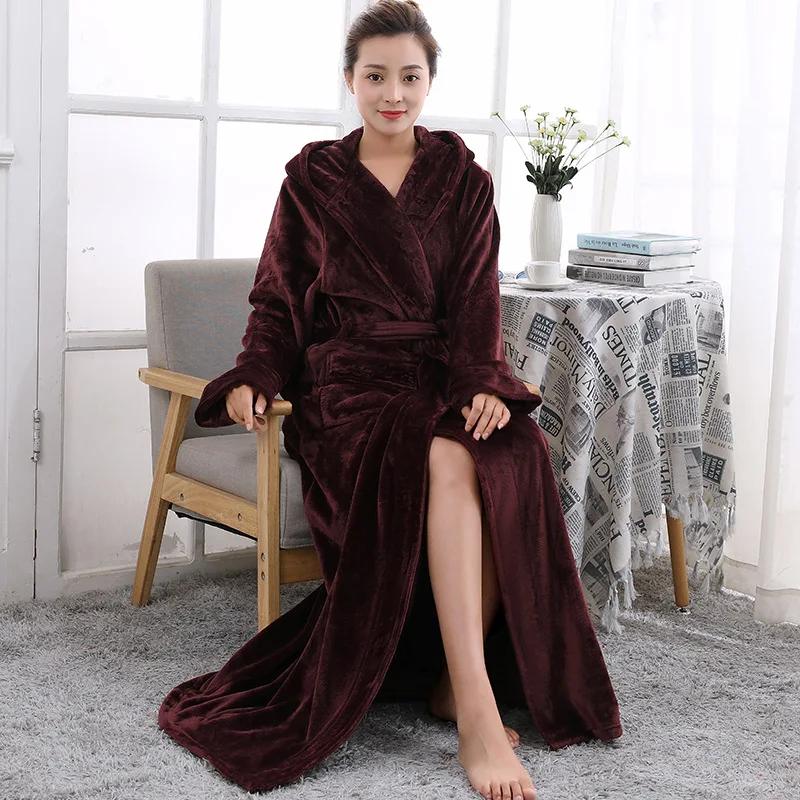 

Autumn And Winter Couples Hooded Nightgown Men And Women Thicken And Lengthen Flannel Bathrobe Plus Size Warm Pajamas