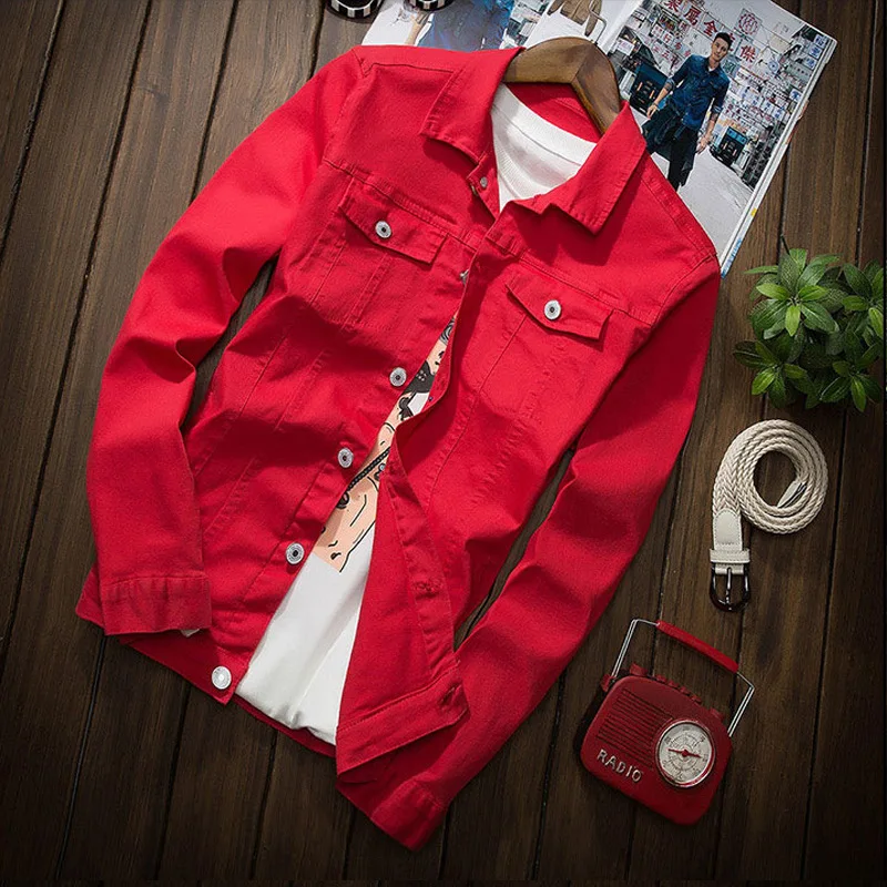 

Hip Hop Fashion Casual Slim Casual Denim Jacket Men Windbreaker Bomber Jacket Unisex Jeans Coat Black/White/Red Streetwear