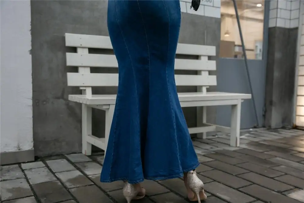 Весна Осень рыбий хвост джинсовая юбка женские эластичные по щиколотку длинные