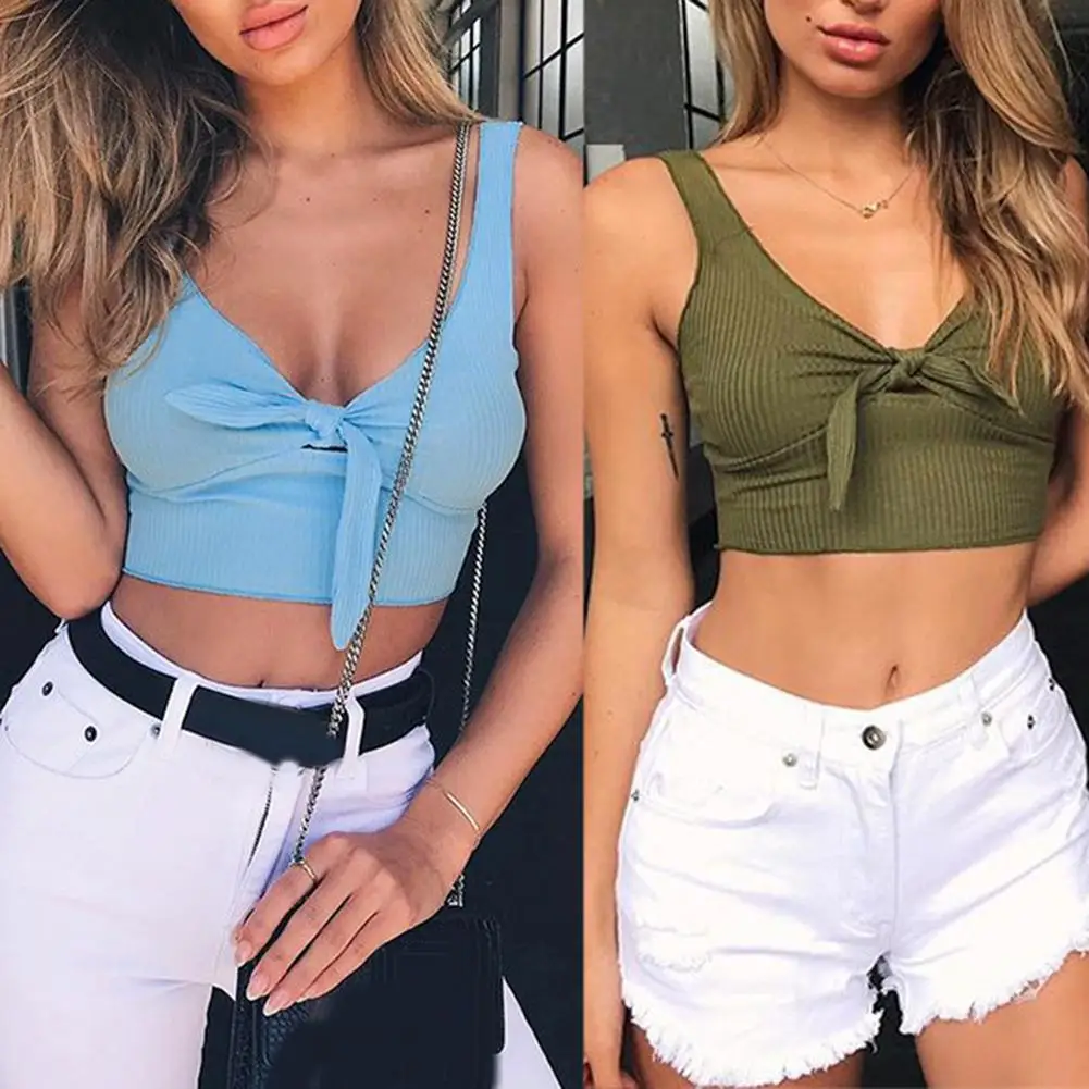 

Sexy blouse New Fashion Women Sexy Crop Top Women Sexy Solid Color Sleeveless Blouse Ribbed Chest Knot Slim Crop Top Vest blouse
