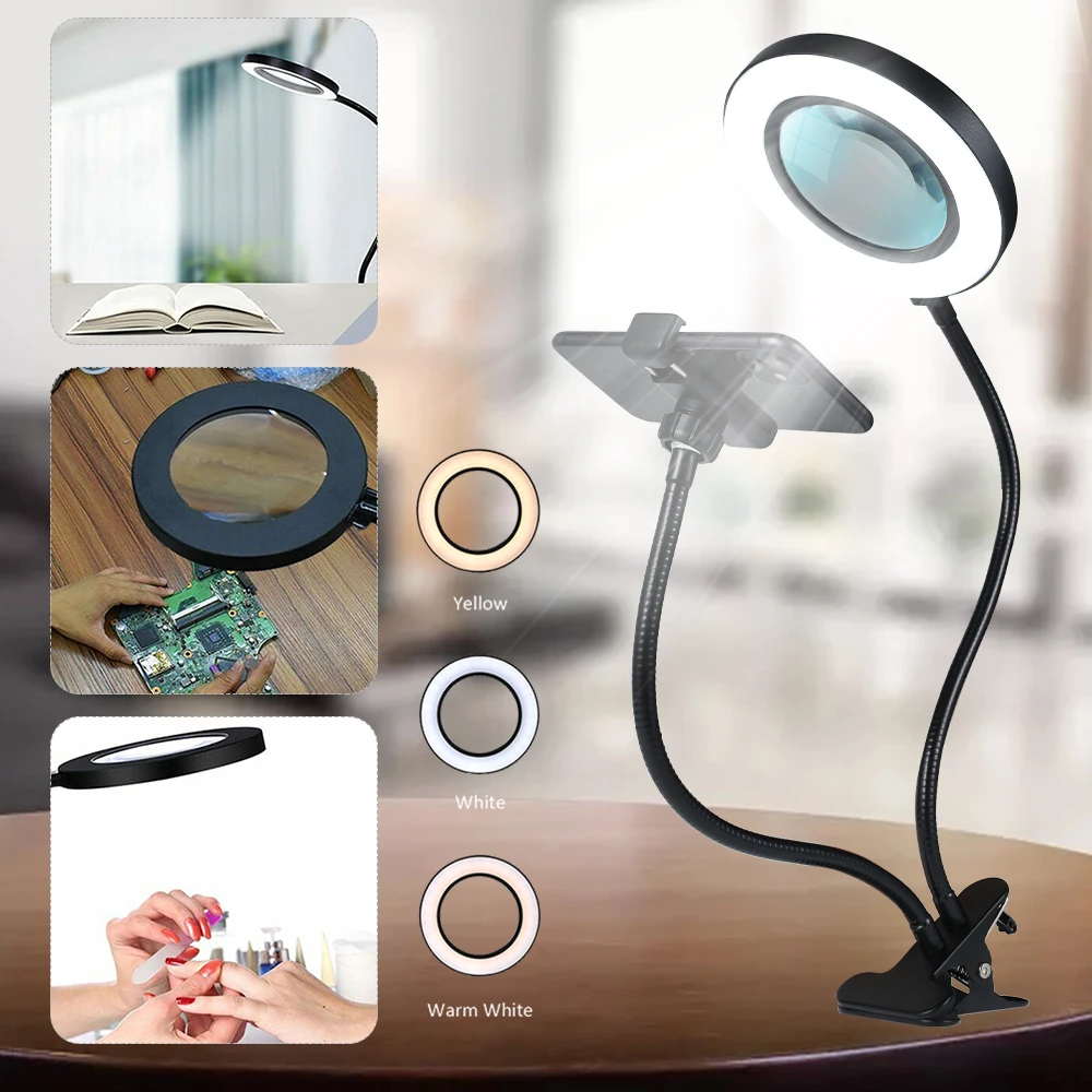 

10X LED Desk Clamp Lamp Magnifying Glass Light Adjustable Swing Arm Eye-Caring Reading Beauty 3 Colors Stepless Optical Dimming